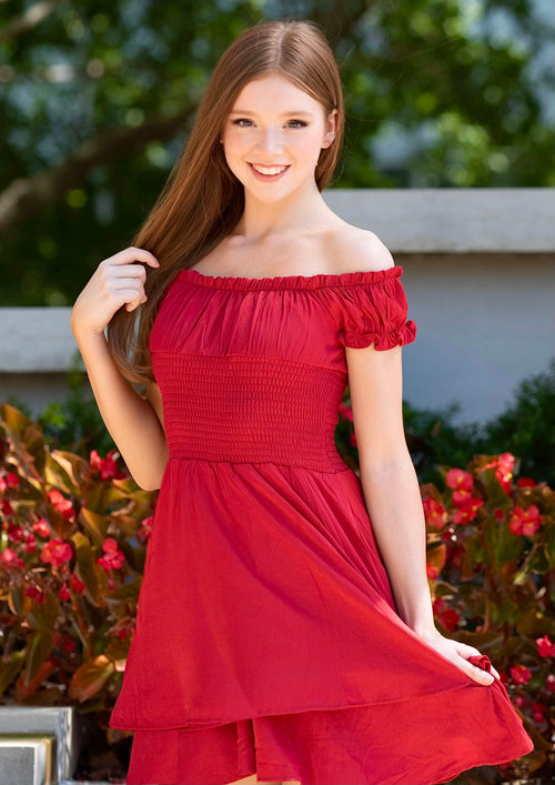 SAGE On/Off Shoulders Smocked Waist Tiered Ruffle Dress