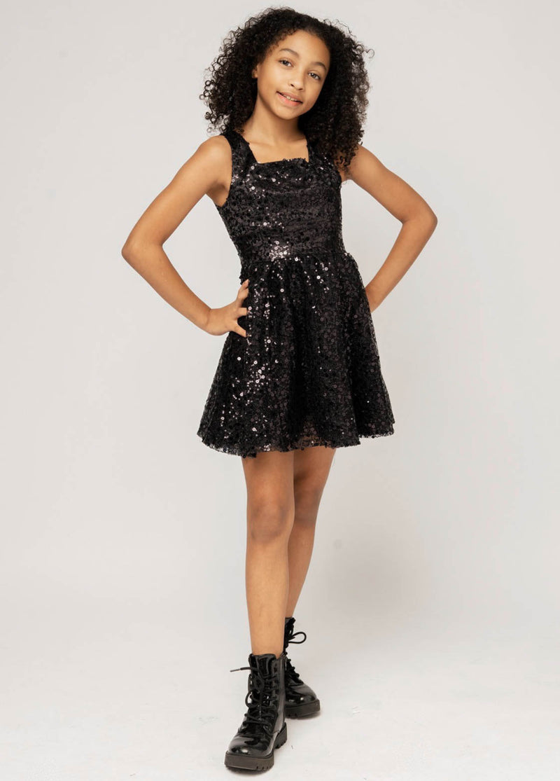 HARPER Square Neck Open Back Sequin Tulle Dress