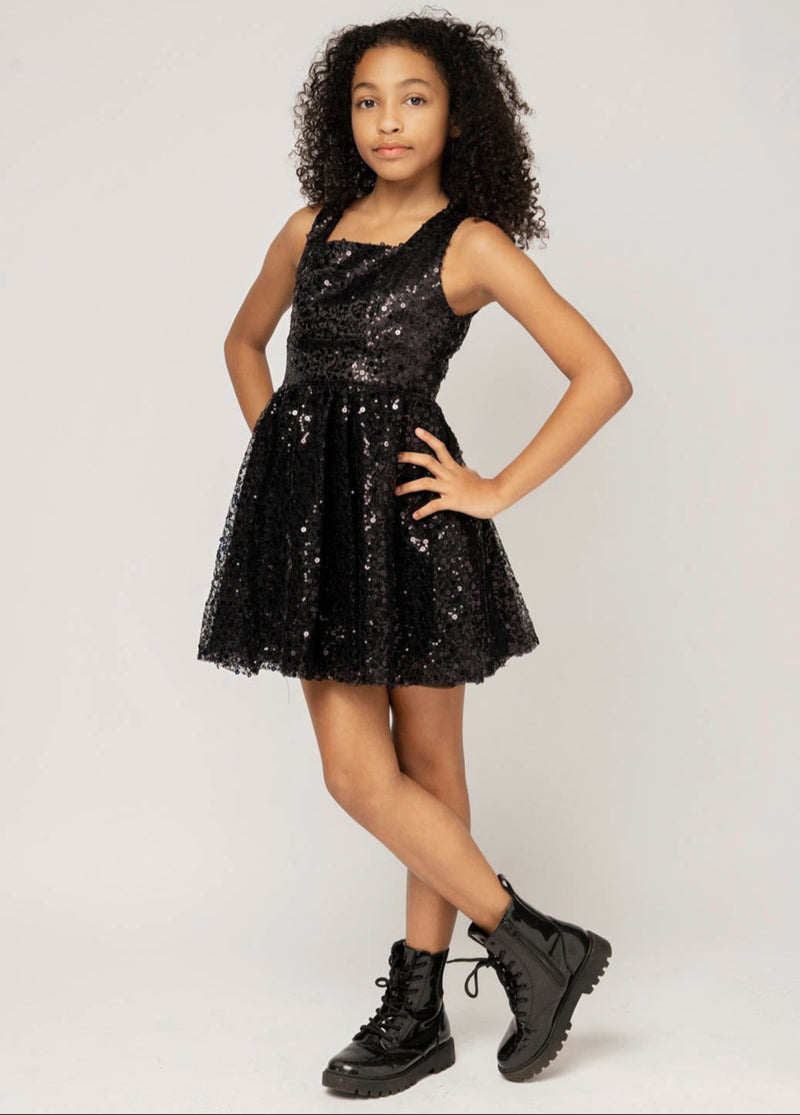 HARPER Square Neck Open Back Sequin Tulle Dress