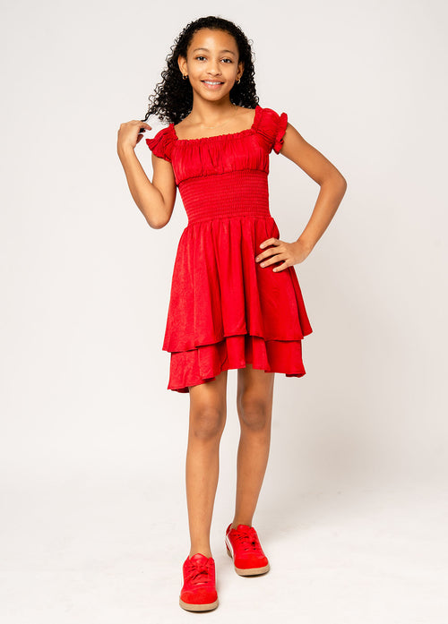 SAGE On/Off Shoulders Smocked Waist Tiered Ruffle Dress