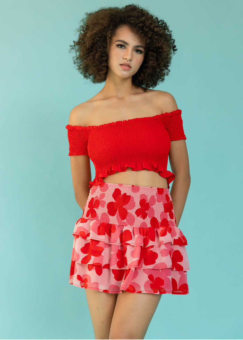 SHANNA Off Shoulder Smocked Ruffle Cropped Top