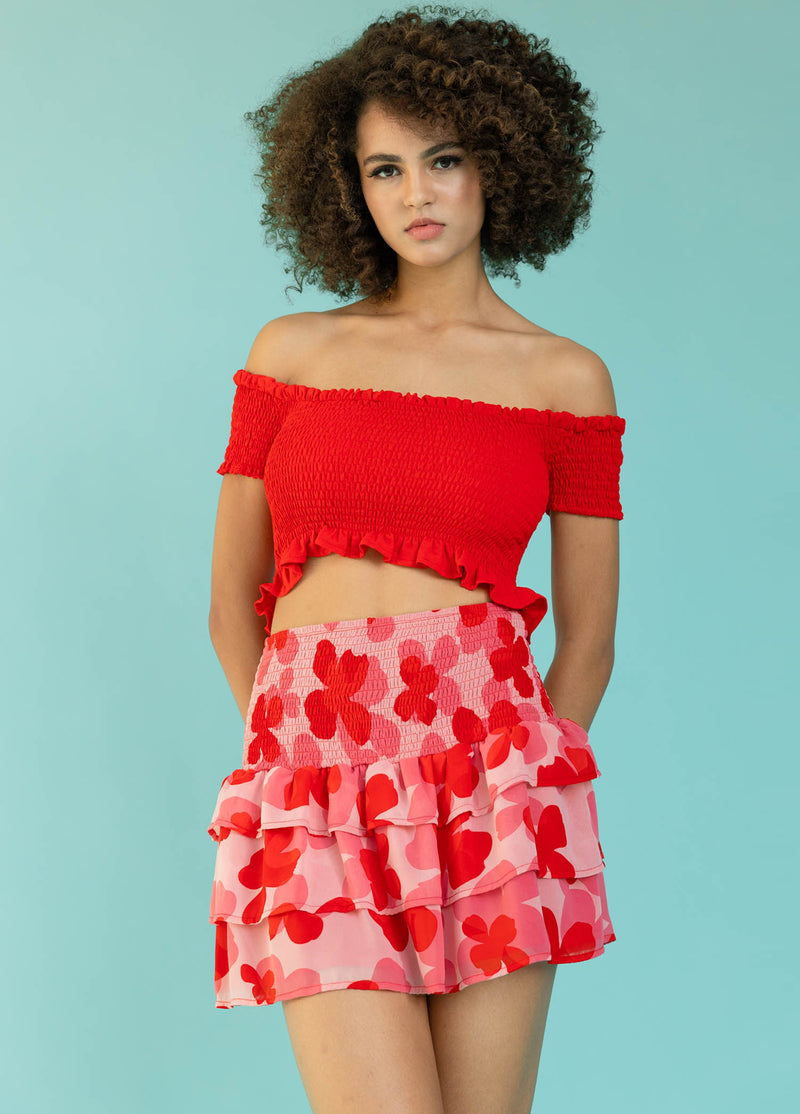 SHANNA Off Shoulder Smocked Ruffle Cropped Top